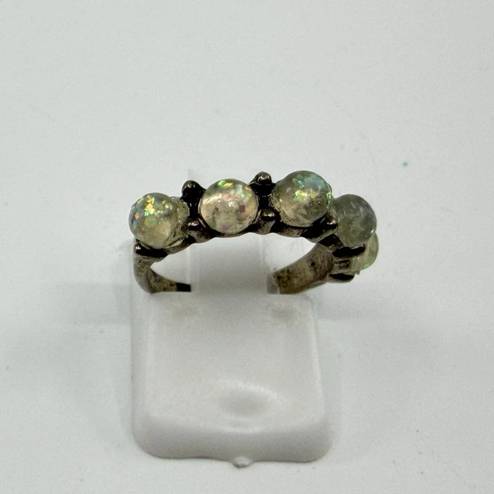 Y2K Silver Tone Opal Stone Iridescent Ring Celestial Boho Statement Gift Unique